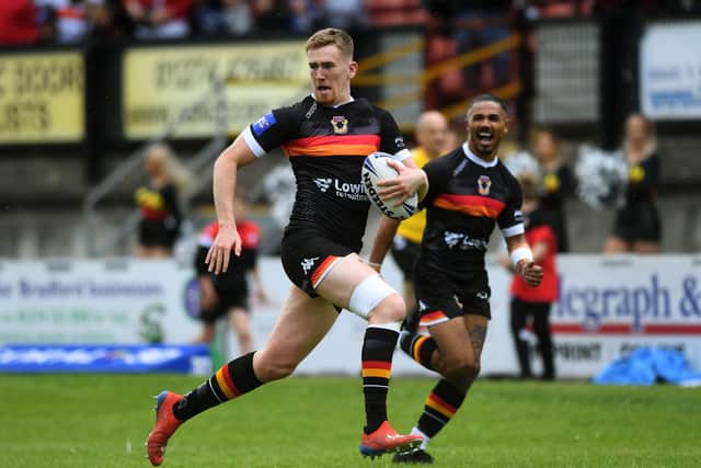 RUNNING MAN: Rowan Milnes scores the opening try for Bradford Bulls against Halifax in the 2019 Challenge Cup. Picture:Jonathan Gawthorpe
