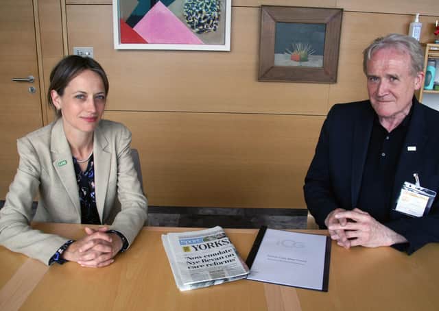 Care Minister Helen Whately wqith North Yorkshire care home boss Mike Padgham and a copy of Monday's edition of The Yorkshire Post.