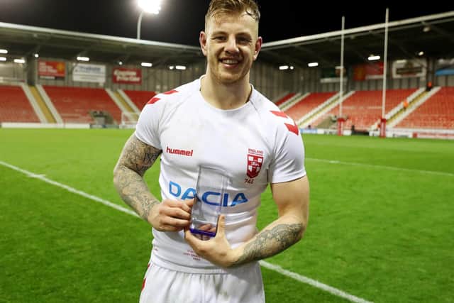 Wakefield Trinity's Tom Johnstone after his man-of-the-match England debut against France in 2018 (PAUL CURRIE/SWPIX)