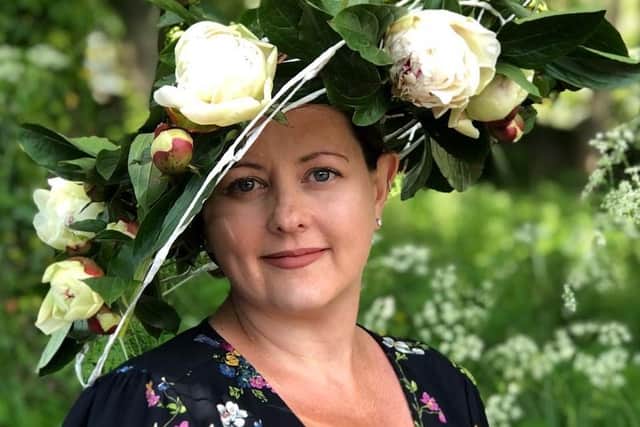 Harrogate milliner Jenny Roberts wears her own creation in aid of Brain Tumour Research.