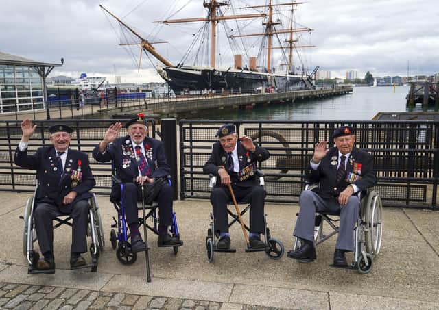 D-Day veterans from left: George Chandler, Joe Cattini, John Dennet and Jack Quinn are welcomed to the Portsmouth Historic Dockyard to commemorate the 77th anniversary of the Normandy Landings.