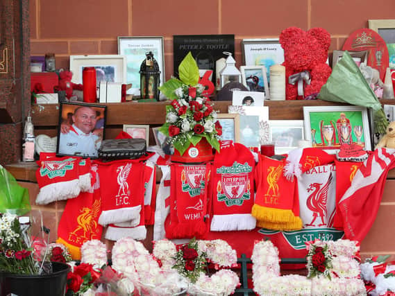 Flowers and tributes left at the Hillsborough Memorial outside Anfield stadium, Liverpool, following the collapse of the Hillsborough trial. Picture date: Wednesday May 26, 2021