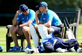 Careful whispers: England captain Joe Root, right, and coach Chris Silverwood, left, share some thoughts during a break in the nets session at Edgbaston yesterday. (Picture: PA)