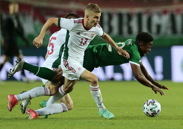 Republic of Ireland's Chiedozie Ogbene (right) and Hungary's Andras Schafer (centre) and Janos Hahn battle for the ball in their friendly match.
