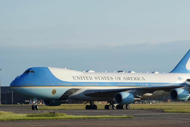 US President Joe Biden and First Lady Jill Biden arrive on Air Force One at RAF Mildenhall in Suffolk, ahead of the G7 summit in Cornwall.