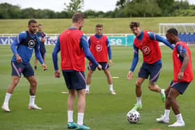 Left to right, England's Kyle Walker, Jordan Henderson, Kieran Trippier, John Stones and Raheem Sterling during the training session at St George's Park. Photo: Nick Potts/PA Wire.