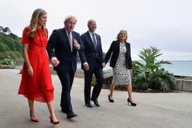 First Lady Jill Biden, US President Joe Biden, Prime Minister Boris Johnson and Carrie Johnson walk outside Carbis Bay Hotel, Carbis Bay, Cornwall, ahead of the G7 summit in Cornwall.