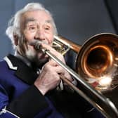 Frank Mathison, of Hebden Bridge, West Yorkshire, who, at 93, has given up playing the trombone after 74 years  Pic: Lorne Campbell / Guzelian