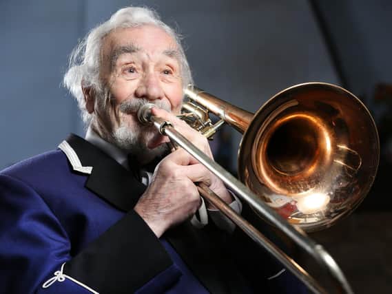 Frank Mathison, of Hebden Bridge, West Yorkshire, who, at 93, has given up playing the trombone after 74 years  Pic: Lorne Campbell / Guzelian