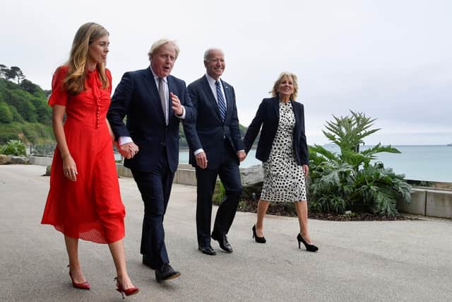 (Left to right) Carrie Johnson, Prime Minister Boris Johnson, US President Joe Biden and first lady Jill Biden walk outside Carbis Bay Hotel, Carbis Bay, Cornwall, ahead of the G7 summit in Cornwall.