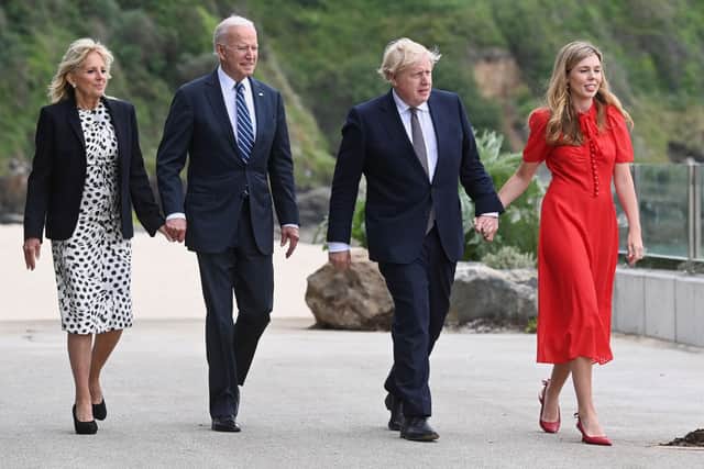 Left to right) First Lady Jill Biden, US President Joe Biden, Prime Minister Boris Johnson and Carrie Johnson walk outside Carbis Bay Hotel, Carbis Bay, Cornwall, ahead of the G7 summit in Cornwall.