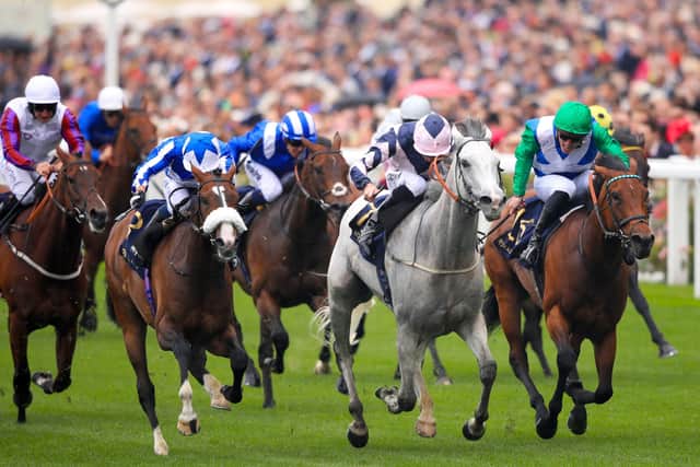 The grey Lord Glitters wins the 2019 Queen Anne Stakes at Royal Ascot.