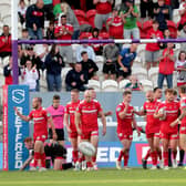 Hull Kingston Rovers' George Lawler (third right) celebrates after scoring his side's first try. Picture: PA