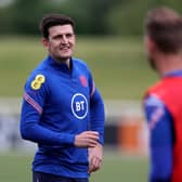 NOT RULED OUT: Harry Maguire's involvement against Croatia might be a "long shot" according to Gareth Southgate but the England manager has not ruled out the central defender just yet. Picture: Getty Images.