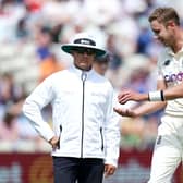 FRUSTRATION: England's Stuart Broad (right) speaks to the umpires after New Zealand's Devon Conway is given not out during day two at Edgbaston. Picture: Mike Egerton/PA
