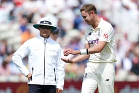 FRUSTRATION: England's Stuart Broad (right) speaks to the umpires after New Zealand's Devon Conway is given not out during day two at Edgbaston. Picture: Mike Egerton/PA