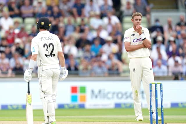 England's Stuart Broad (right) appears frustrated after New Zealand's Will Young is given not out at Edgbaston. Picture: Mike Egerton/PA