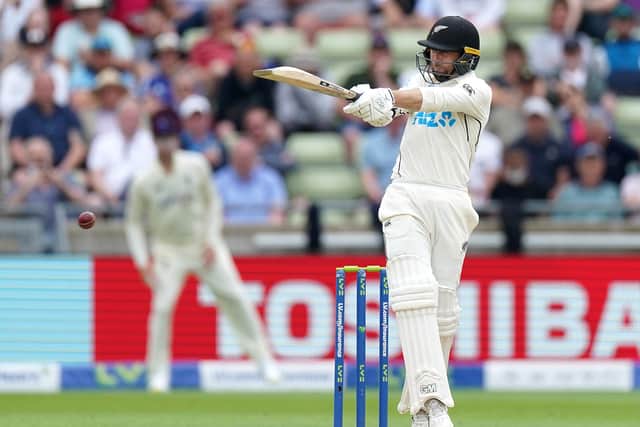 New Zealand's Devon Conway pulls through leg side on day two at Edgbaston. Picture: Mike Egerton/PA
