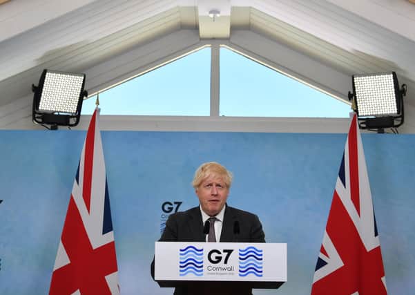 Boris Johnson at a press conference at the conclusion of the G7 summit.