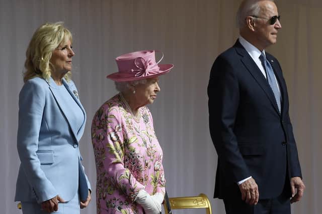 Queen Elizabeth II with US President Joe Biden and First Lady Jill Biden during their visit to Windsor Castle.