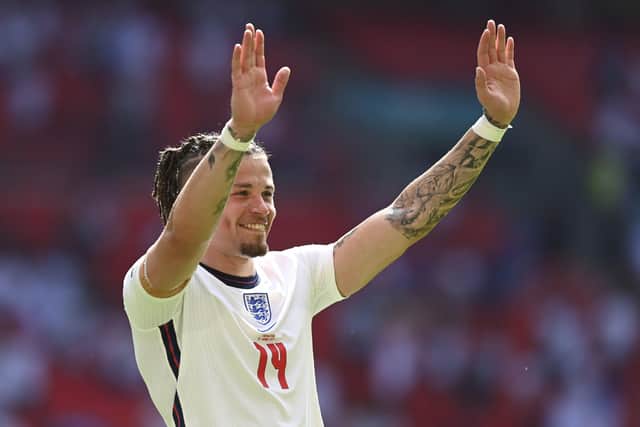 England's Kalvin Phillips applauds fans at the end of the game. (Glyn Kirk/Pool Photo via AP)