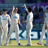 Gone: New Zealand's Trent Boult celebrates taking the wicket of England's Stuart Broad during day three.