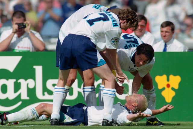 Dentist's chair: Paul Gascoigne celebrates with Steve McManaman, Teddy Sherringham and Jamie Redknapp. Picture: Getty Images