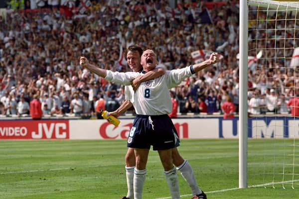 Great goal: Paul Gascoigne celebrating his goal with Teddy Sheringham in the Euro 96 match against Scotland.