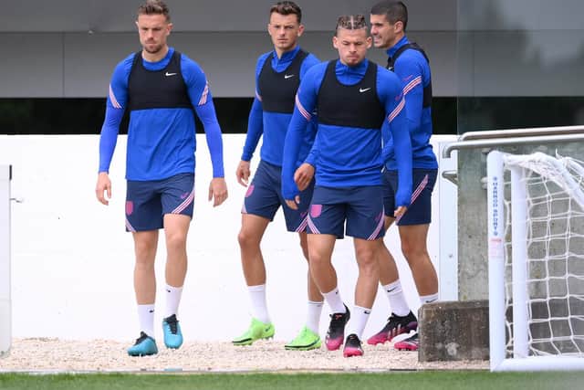 SET TO START: Leeds United's England international midfielder Kalvin Phillips, second right. Photo by Laurence Griffiths/Getty Images.
