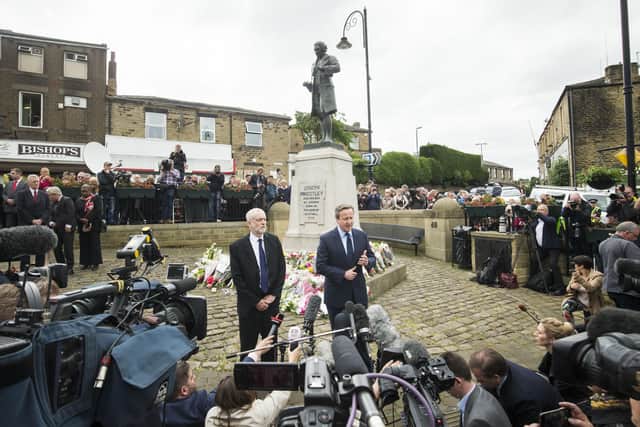 A show of unity by David Cameron and Jeremy Corbyn, plus other political leaders, when they visited Batley in the immediate aftermath of Jo Cox's murder five years ago.