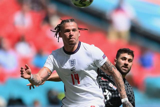 Kalvin Phillips of England battles for possession with Josko Gvardiol of Croatia. (Photo by Laurence Griffiths/Getty Images)