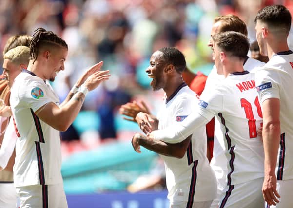Raheem Sterling of England celebrates with Kalvin Phillips. (Photo: Carl Recine - Pool/Getty Images)