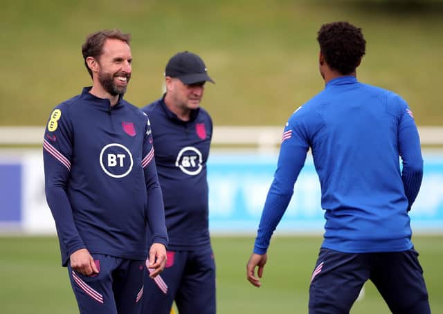 Gareth Southgate: England manager was in relaxed mood at training yesterday. (Picture: PA)