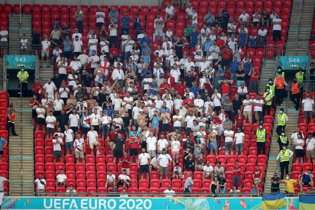 England fans bunched up in the stands during the UEFA Euro 2020 Group D match at Wembley. Picture: PA
