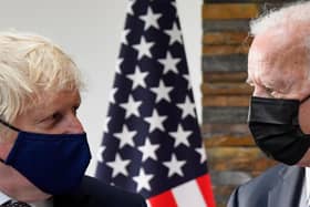 US President Joe Biden (right) talks with Prime Minister Boris Johnson during a meeting at the G7 summit in Cornwall.