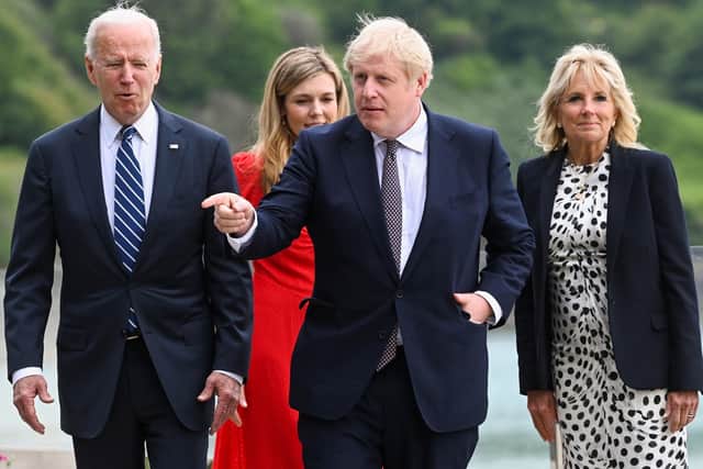 (Left to right) US President Joe Biden, Carrie Johnson, Prime Minister Boris Johnson and First Lady Jill Biden walk outside Carbis Bay Hotel, Carbis Bay, Cornwall, at the G7 summit.