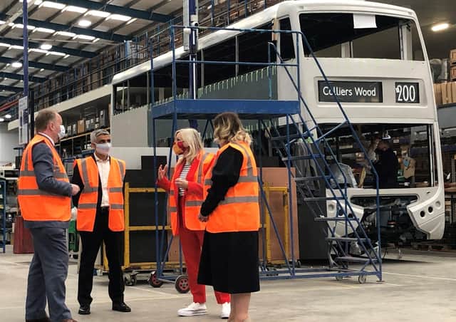 Mayor of London Sadiq Khan (second left) and the mayor of West Yorkshire Tracy Brabin (second right) during a visit Switch Mobility, an electric bus factory in Sherburn in Elmet.