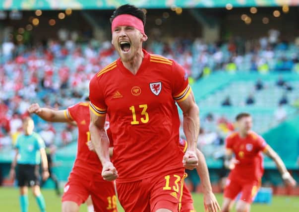 Wales' Kieffer Moore celebrates scoring his Euro 2020 goal against Switzerland.