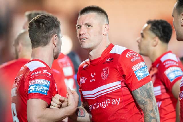 Hull KR's Shaun Kenny-Dowall, right, and Matt Parcell after the emphatic win over Salford Red Devils. (ALLAN MCKENZIE/SWPIX)