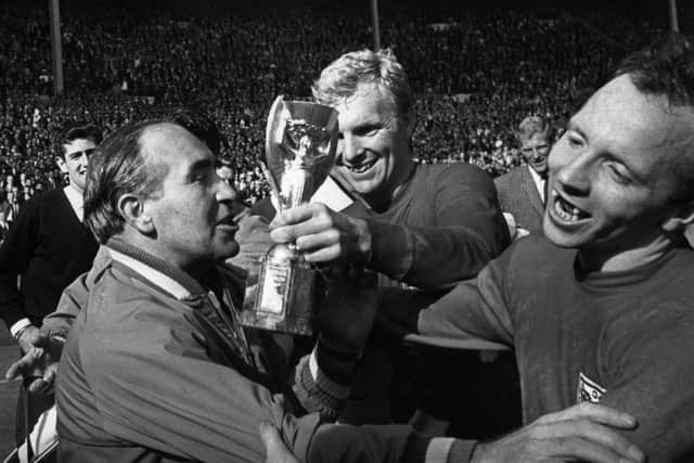 England manager Alf Ramsey: Celebrating his team's 4-2 victory in extra time over West Germany in the 1966 World Cup final at Wembley. With him are captain Bobby Moore and  Nobby Stiles. Picture: Getty Images