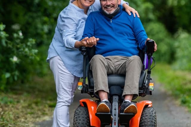 Ian Flatt with his wife Rachael. The family have plans for a second challenge later this summer which will see them walking 100 Miles across the Yorkshire moors ending a sky dive to raise money for Dr Jung and the work she is doing for people with MND at the Leeds General Infirmary
