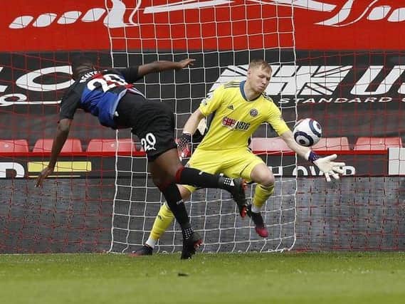 Sheffield United's Aaron Ramsdale saves from Christian Benteke of Crystal Palace. Pictures: Darren Staples / Sportimage