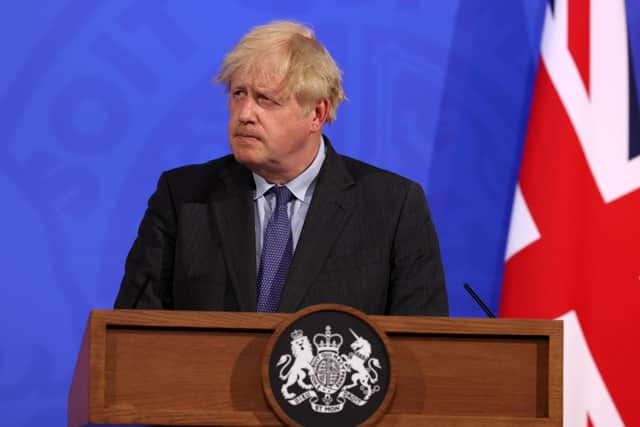 Boris Johnson at a 10 Downing Street press briefing on Monday.
