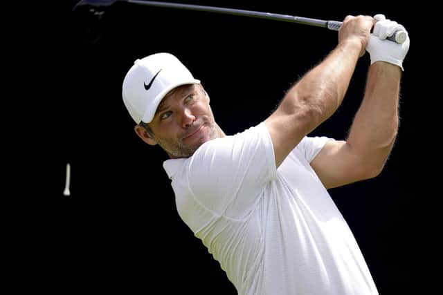 Paul Casey, of England, hits from the seventh tee during a practice round of the U.S. Open Golf Championship, Tuesday, June 15, 2021, at Torrey Pines Golf Course in San Diego. (AP Photo/Gregory Bull)