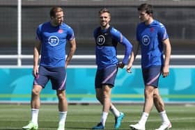 Getting ready: England captain Harry Kane, left, with Jordan Henderson and Harry Maguire. (Photo by Eddie Keogh - The FA/The FA via Getty Images)