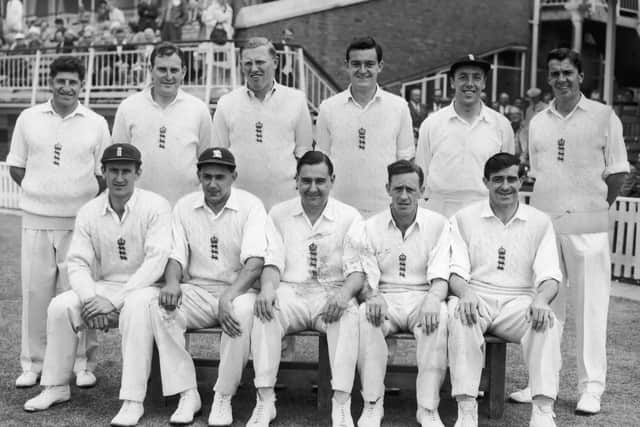 MASTERS: Fred Trueman, front row, far right, and Brian Statham, front row second right, pose with the rest of the England team ahead of facing Australia at Edgbaston in 1961.
Back row, left to right, Ken Barrington, Ray Illingworth, Michael Smith, Geoff Pullar, John Murray, David Allen. Front row, Ted Dexter, Raman Subba Row, Colin Cowdrey, Statham andTrueman. Picture: Dennis Oulds/Central Press/Hulton Archive/Getty Images