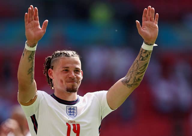 Kalvin Phillips of Leeds United and England acknowledges the fans following victory in the UEFA Euro 2020 Championship Group D match between England and Croatia at Wembley Stadium.