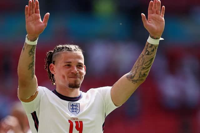 Kalvin Phillips of England acknowledges the fans following victory in the UEFA Euro 2020 Championship Group D match between England and Croatia at Wembley Stadium