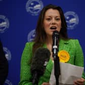 Sarah Green of the Liberal Democrats makes a speech after being declared winner in the Chesham and Amersham by-election