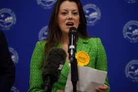 Sarah Green of the Liberal Democrats makes a speech after being declared winner in the Chesham and Amersham by-election